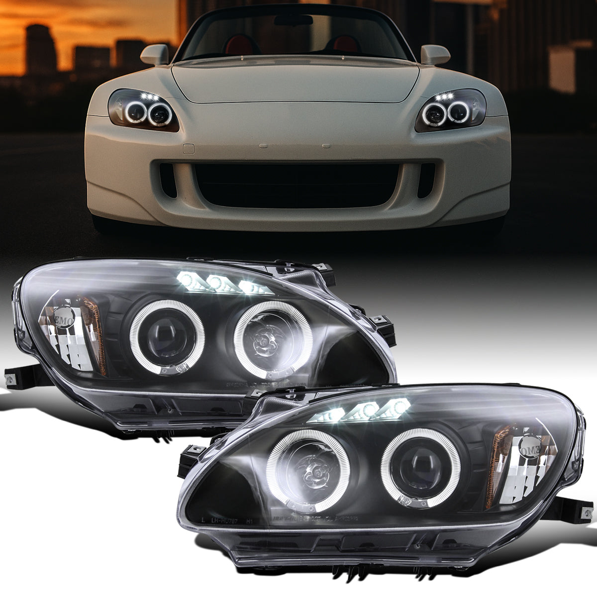 Ronnin - Fits 2004-2009 Honda S2000 S2K AP2 Upgraded Replacement LED Dual Rims Projector Headlights Assembly Pair | Black