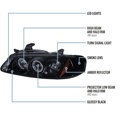 Ronnin - Fits 2000-2003 Nissan Sentra Upgrade Replacement LED Dual Rims Projector Headlights Assembly Pair | Black Smoke