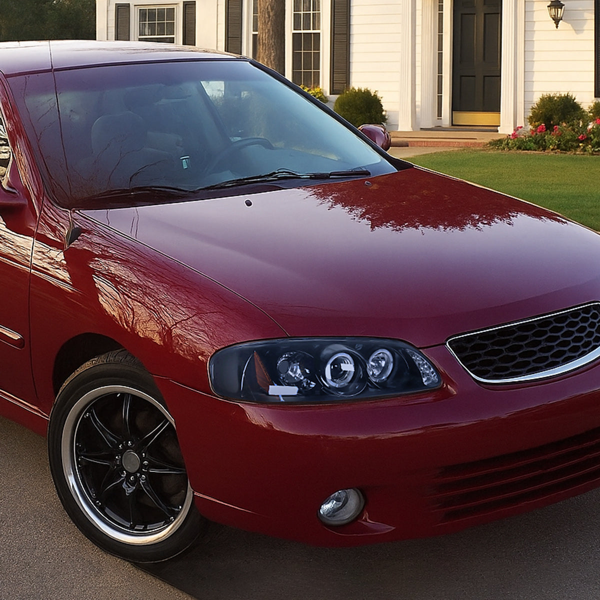 Ronnin - Fits 2000-2003 Nissan Sentra Upgrade Replacement LED Dual Rims Projector Headlights Assembly Pair | Black Smoke