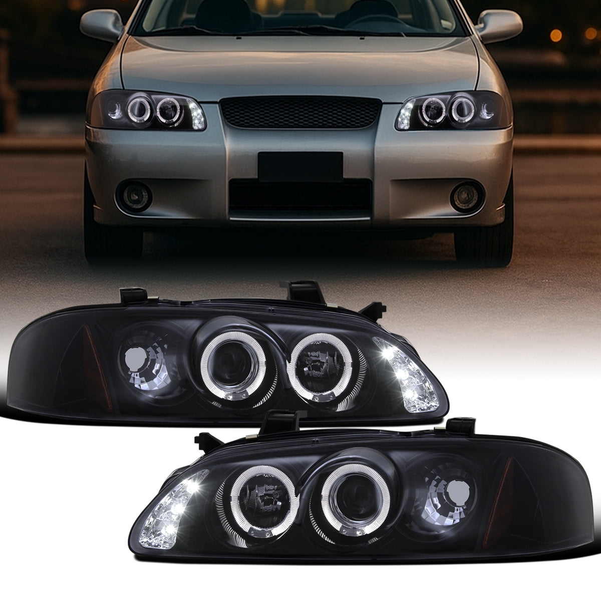 Ronnin - Fits 2000-2003 Nissan Sentra Upgrade Replacement LED Dual Rims Projector Headlights Assembly Pair | Black Smoke