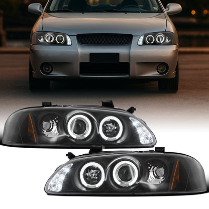 Ronnin - Fits 2000-2003 Nissan Sentra Upgrade Replacement LED Dual Rims Projector Headlights Assembly Pair | Black