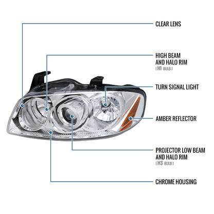 Ronnin - Fits 2004-2006 Nissan Sentra Upgraded LED Dual Rims Projector Headlights Assembly Pair | Chrome