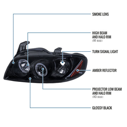 Ronnin - Fits 2004-2006 Nissan Sentra Upgraded LED Dual Rims Projector Headlights Assembly Pair | Black Smoke