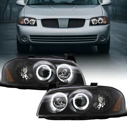 Ronnin - Fits 2004-2006 Nissan Sentra Upgraded LED Dual Rims Projector Headlights Assembly Pair | Black