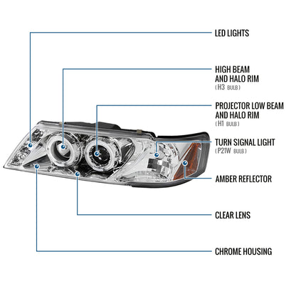 Ronnin - Fits 1995-1999 Nissan Sentra 1995-1998 Nissan 200SX LED Rims Projector Headlights Replacement Assembly Pair | Chrome