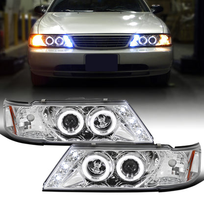 Ronnin - Fits 1995-1999 Nissan Sentra 1995-1998 Nissan 200SX LED Rims Projector Headlights Replacement Assembly Pair | Chrome