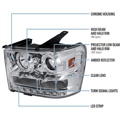 Ronnin - Fits 2007-2014 GMC Sierra 1500 Hybrid 1500HD 2500HD 3500HD Denali LED Dual Rims Projector Headlights Replacement Assembly Pair | Chrome