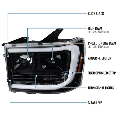 Ronnin - Fits 2007-2014 GMC Sierra 1500 Hybrid Denali 1500HD 2500HD 3500HD Upgraded LED Tube Projector Headlights Assembly Pair | Gloss Black