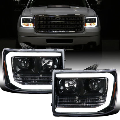 Ronnin - Fits 2007-2014 GMC Sierra 1500 Hybrid Denali 1500HD 2500HD 3500HD Upgraded LED Tube Projector Headlights Assembly Pair | Gloss Black