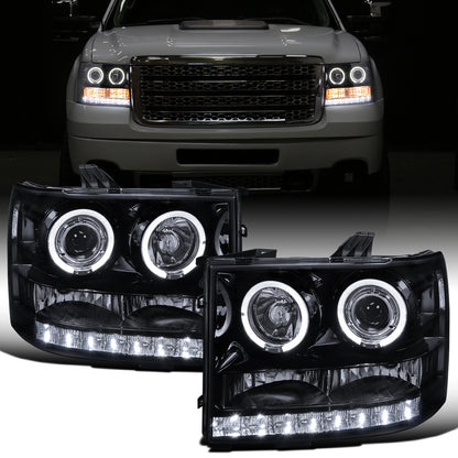 Ronnin - Fits 2007-2014 GMC Sierra 1500 Hybrid 1500HD 2500HD 3500HD Denali LED Dual Rims Projector Headlights Replacement Assembly Pair | Black Smoke