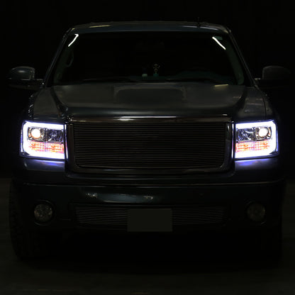 Ronnin - Fits 2007-2014 GMC Sierra 1500 Hybrid Denali 1500HD 2500HD 3500HD Upgraded LED Tube Projector Headlights Assembly Pair | Chrome