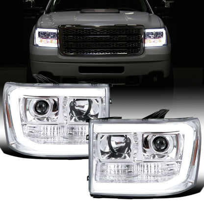 Ronnin - Fits 2007-2014 GMC Sierra 1500 Hybrid Denali 1500HD 2500HD 3500HD Upgraded LED Tube Projector Headlights Assembly Pair | Chrome