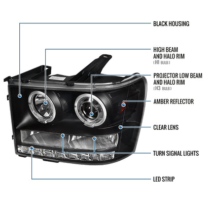 Ronnin - Fits 2007-2014 GMC Sierra 1500 Hybrid 1500HD 2500HD 3500HD Denali LED Dual Rims Projector Headlights Replacement Assembly Pair | Black