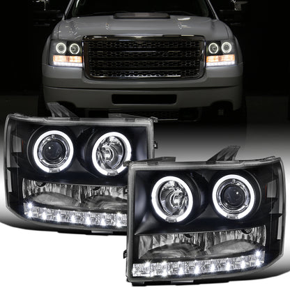 Ronnin - Fits 2007-2014 GMC Sierra 1500 Hybrid 1500HD 2500HD 3500HD Denali LED Dual Rims Projector Headlights Replacement Assembly Pair | Black