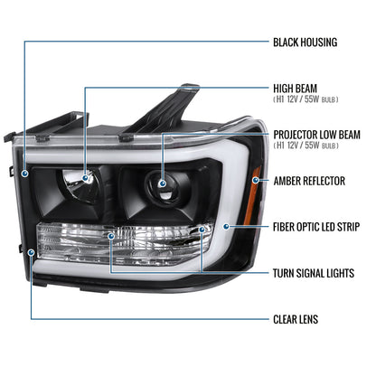 Ronnin - Fits 2007-2014 GMC Sierra 1500 Hybrid Denali 1500HD 2500HD 3500HD Upgraded LED Tube Projector Headlights Assembly Pair | Black