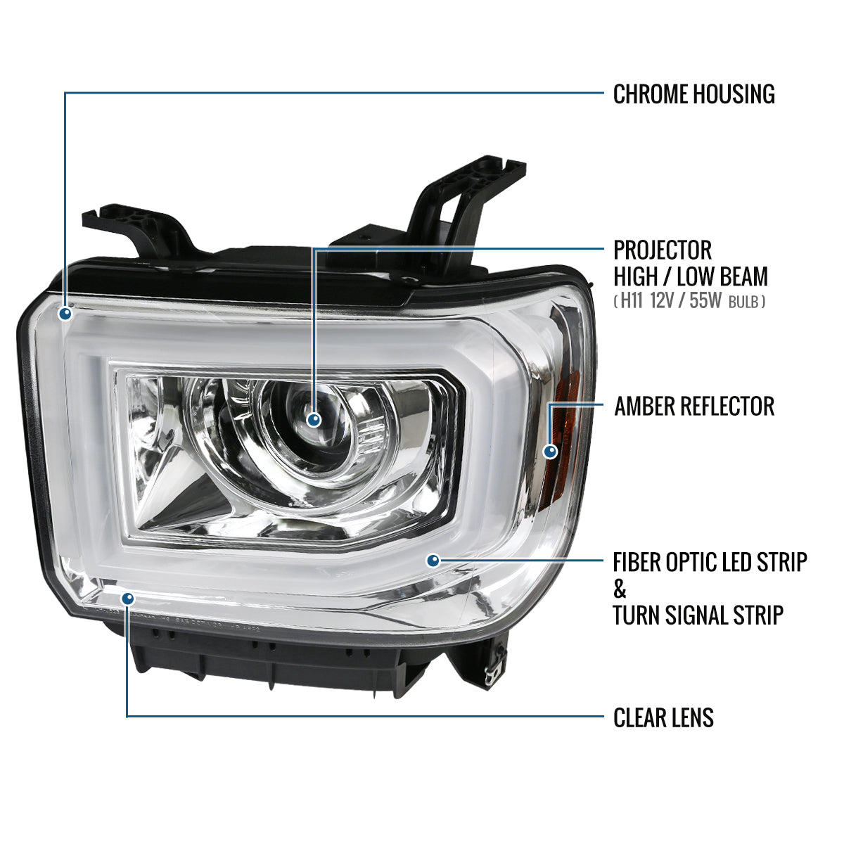Ronnin - Compatible con GMC Sierra 1500 2500HD 3500HD de 2014-2019 Par de faros delanteros con proyector de tubo de luz LED | Cromados