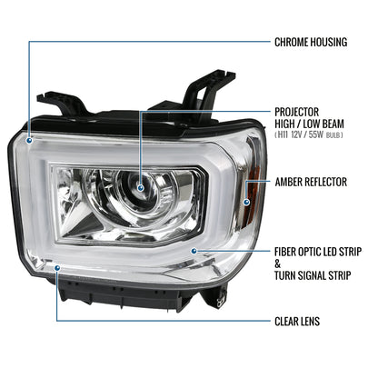Ronnin - Compatible con GMC Sierra 1500 2500HD 3500HD de 2014-2019 Par de faros delanteros con proyector de tubo de luz LED | Cromados