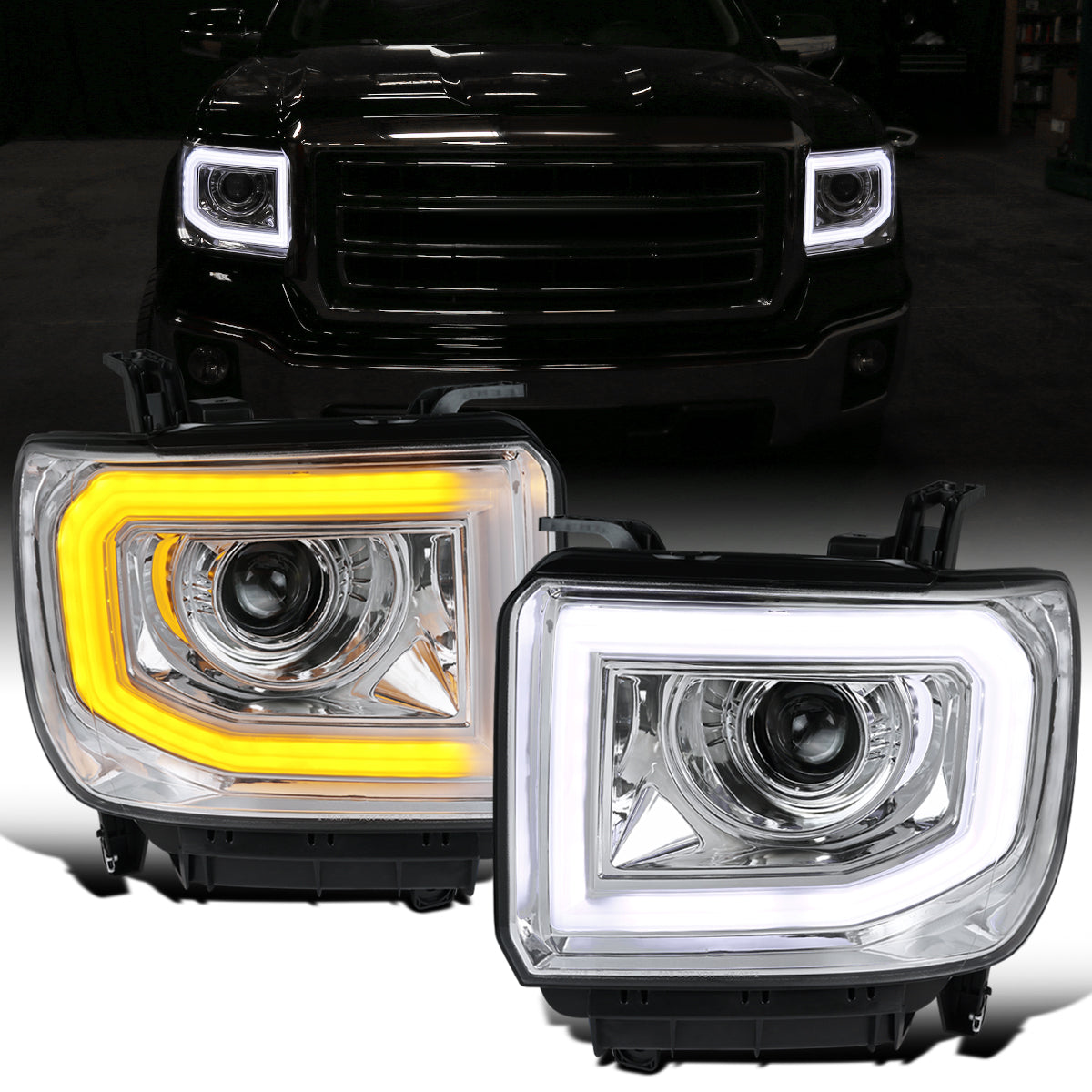 Ronnin - Compatible con GMC Sierra 1500 2500HD 3500HD de 2014-2019 Par de faros delanteros con proyector de tubo de luz LED | Cromados
