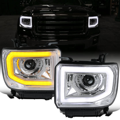 Ronnin - Compatible con GMC Sierra 1500 2500HD 3500HD de 2014-2019 Par de faros delanteros con proyector de tubo de luz LED | Cromados