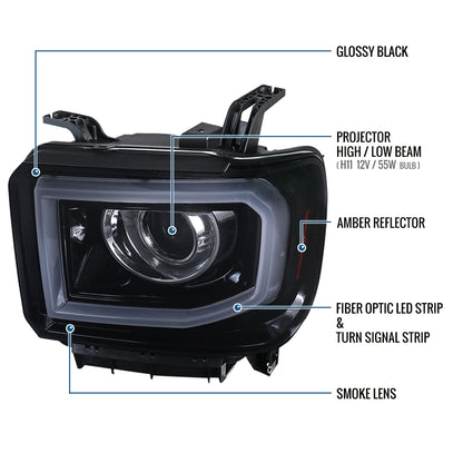 Ronnin - Se adapta a la GMC Sierra 1500 2500HD 3500HD de 2014-2019 Conjunto de faros delanteros tipo proyector con tubo de luz LED de marcha | Ahumado negro