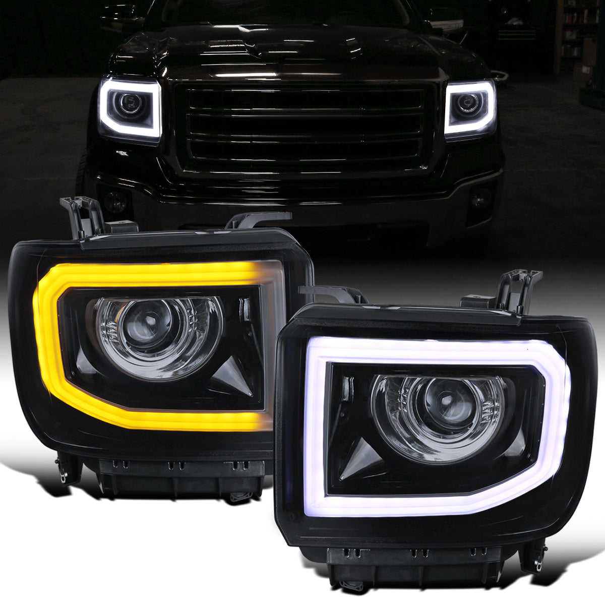 Ronnin - Se adapta a la GMC Sierra 1500 2500HD 3500HD de 2014-2019 Conjunto de faros delanteros tipo proyector con tubo de luz LED de marcha | Ahumado negro