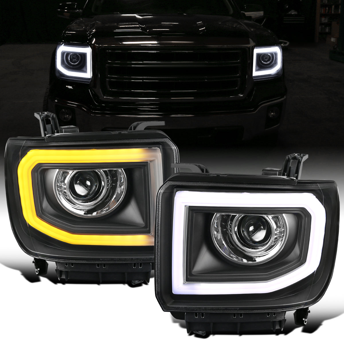 Ronnin - Compatible con GMC Sierra 1500 2500HD 3500HD de 2014-2019, luces delanteras con proyector de tubo de luz LED, par | Negras