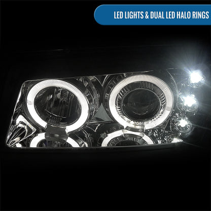 Ronnin - Fits 2002-2007 Chevy Avalanche Silverado Upgrade Replacement Dual LED Halo Rims Projector Headlights Assembly Pair | Chrome