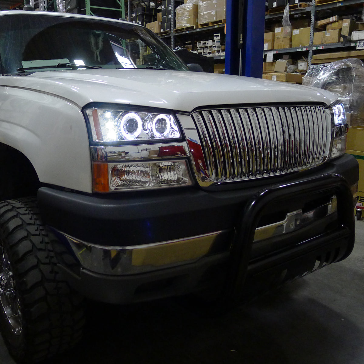 Ronnin - Fits 2002-2007 Chevy Avalanche Silverado Upgrade Replacement Dual LED Halo Rims Projector Headlights Assembly Pair | Chrome