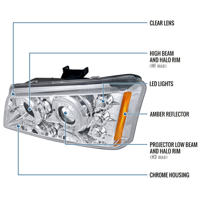 Ronnin - Fits 2002-2007 Chevy Avalanche Silverado Upgrade Replacement Dual LED Halo Rims Projector Headlights Assembly Pair | Chrome