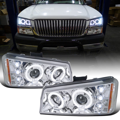 Ronnin - Fits 2002-2007 Chevy Avalanche Silverado Upgrade Replacement Dual LED Halo Rims Projector Headlights Assembly Pair | Chrome