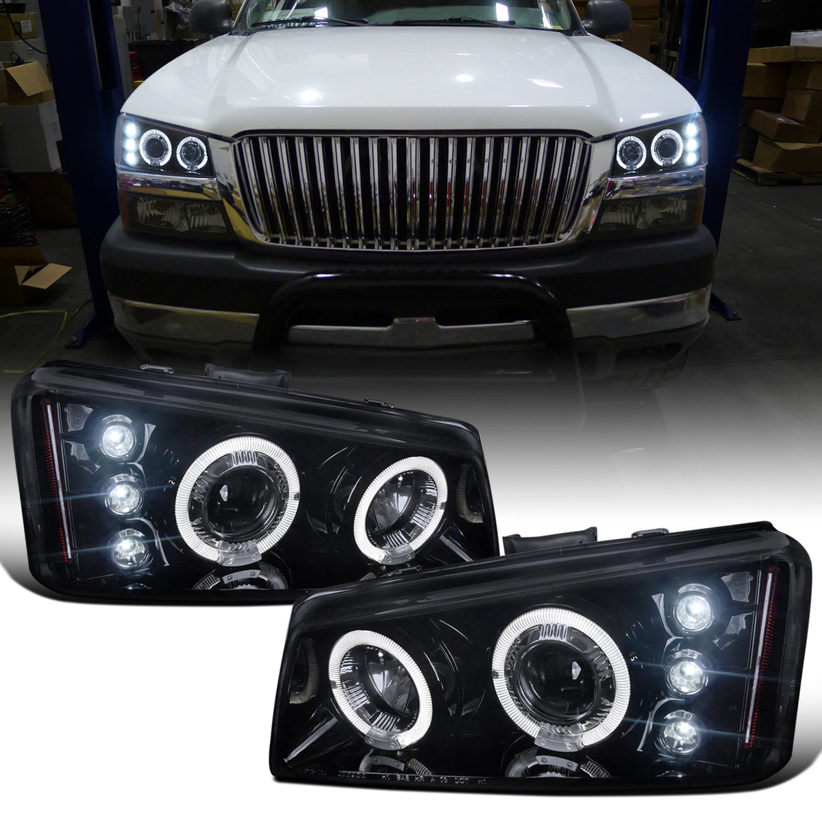 Ronnin - Fits 2002-2007 Chevy Avalanche Silverado Upgrade Replacement Dual LED Halo Rims Projector Headlights Assembly Pair | Black Smoke