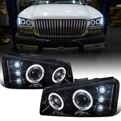 Ronnin - Fits 2002-2007 Chevy Avalanche Silverado Upgrade Replacement Dual LED Halo Rims Projector Headlights Assembly Pair | Black Smoke