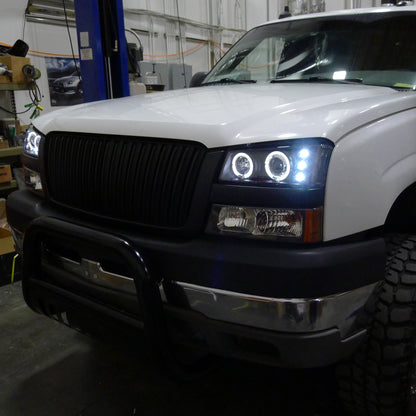 Ronnin - Fits 2002-2007 Chevy Avalanche Silverado Upgrade Replacement Dual LED Halo Rims Projector Headlights Assembly Pair | Black