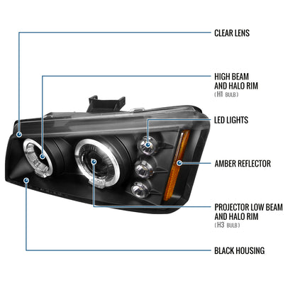 Ronnin - Fits 2002-2007 Chevy Avalanche Silverado Upgrade Replacement Dual LED Halo Rims Projector Headlights Assembly Pair | Black