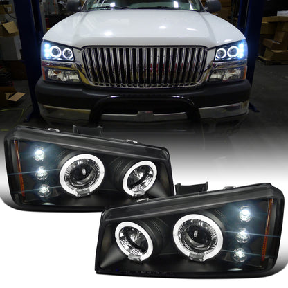 Ronnin - Fits 2002-2007 Chevy Avalanche Silverado Upgrade Replacement Dual LED Halo Rims Projector Headlights Assembly Pair | Black