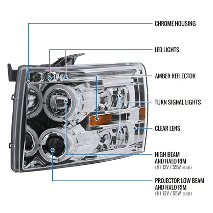 Ronnin - Fits 2007-2014 Chevy Silverado 1500 2500HD 3500HD LED Dual Rims Projector Headlights Assembly Pair | Chrome