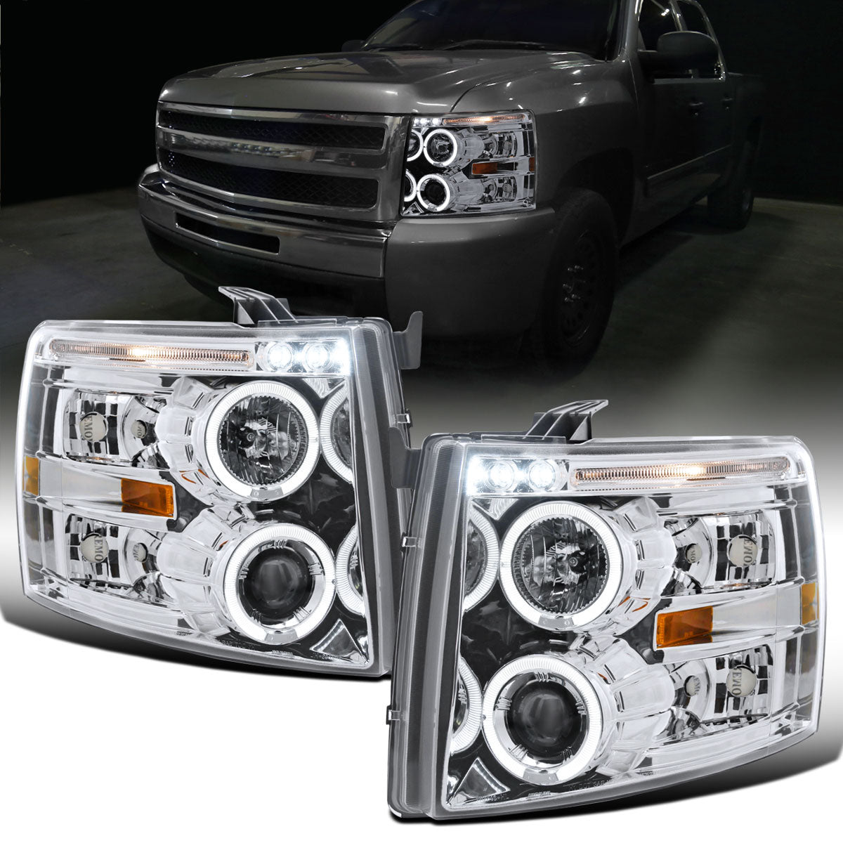 Ronnin - Fits 2007-2014 Chevy Silverado 1500 2500HD 3500HD LED Dual Rims Projector Headlights Assembly Pair | Chrome