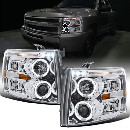 Ronnin - Fits 2007-2014 Chevy Silverado 1500 2500HD 3500HD LED Dual Rims Projector Headlights Assembly Pair | Chrome