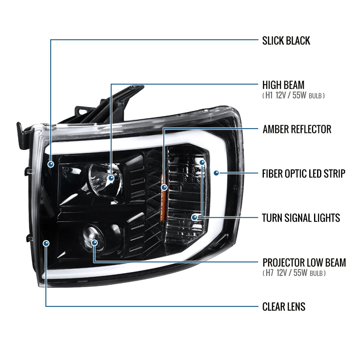 Ronnin - Fits 2007-2014 Chevy Silverado 1500 2500HD 3500HD Upgrade LED Running Light Tube Projector Headlights Assembly Pair | Gloss Black