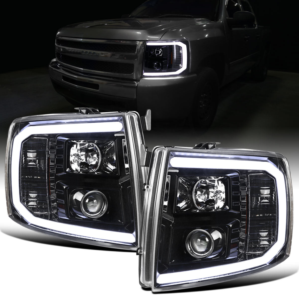Ronnin - Fits 2007-2014 Chevy Silverado 1500 2500HD 3500HD Upgrade LED Running Light Tube Projector Headlights Assembly Pair | Gloss Black
