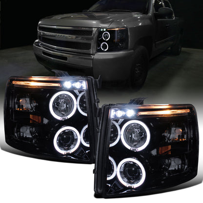 Ronnin - Fits 2007-2014 Chevy Silverado 1500 2500HD 3500HD LED Dual Rims Projector Headlights Assembly Pair | Black Smoke