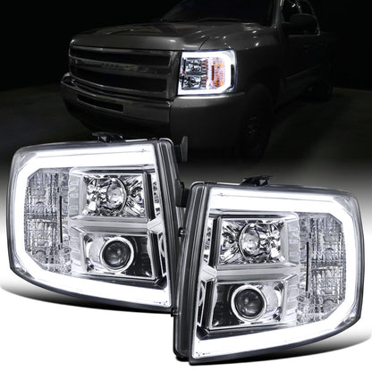 Ronnin - Fits 2007-2014 Chevy Silverado 1500 2500HD 3500HD Upgrade LED Running Light Tube Projector Headlights Assembly Pair | Chrome