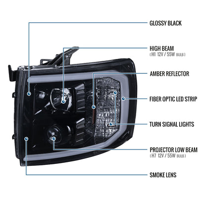 Ronnin - Fits 2007-2014 Chevy Silverado 1500 2500HD 3500HD Upgrade LED Running Light Tube Projector Headlights Assembly Pair | Black Smoke