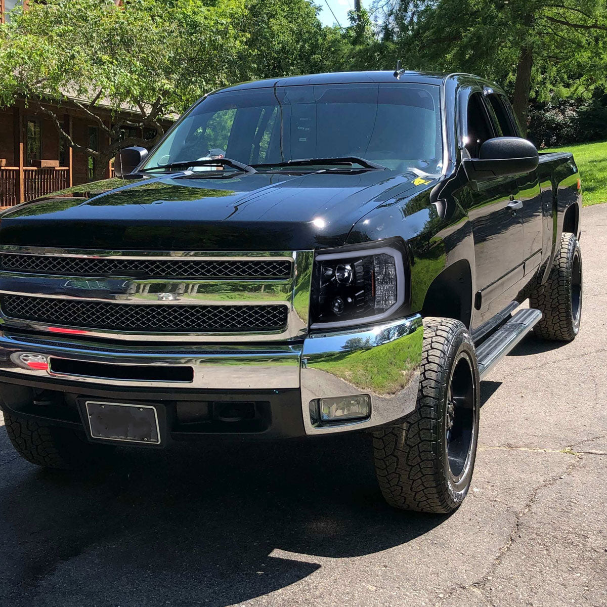 Ronnin - Fits 2007-2014 Chevy Silverado 1500 2500HD 3500HD Upgrade LED Running Light Tube Projector Headlights Assembly Pair | Black Smoke