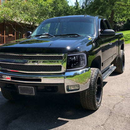 Ronnin - Fits 2007-2014 Chevy Silverado 1500 2500HD 3500HD Upgrade LED Running Light Tube Projector Headlights Assembly Pair | Black Smoke