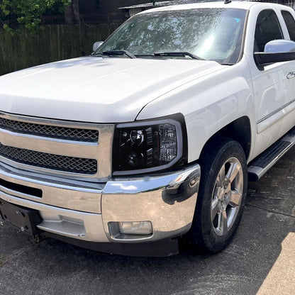 Ronnin - Fits 2007-2014 Chevy Silverado 1500 2500HD 3500HD Upgrade LED Running Light Tube Projector Headlights Assembly Pair | Black Smoke