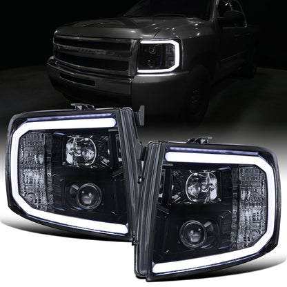 Ronnin - Fits 2007-2014 Chevy Silverado 1500 2500HD 3500HD Upgrade LED Running Light Tube Projector Headlights Assembly Pair | Black Smoke