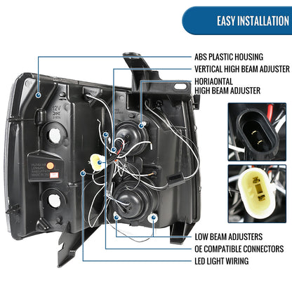 Ronnin - Fits 2007-2014 Chevy Silverado 1500 2500HD 3500HD LED Dual Rims Projector Headlights Assembly Pair | Black