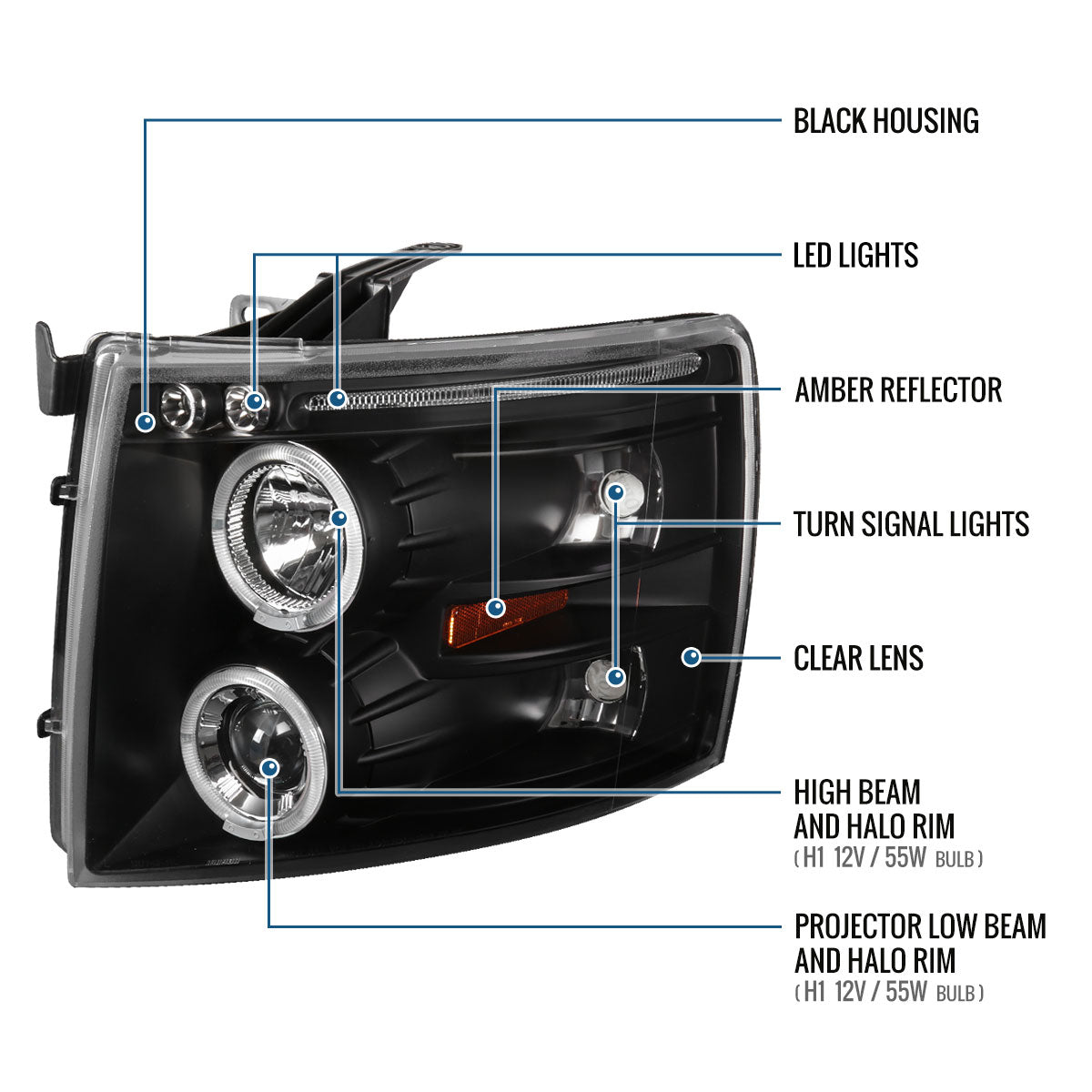 Ronnin - Fits 2007-2014 Chevy Silverado 1500 2500HD 3500HD LED Dual Rims Projector Headlights Assembly Pair | Black