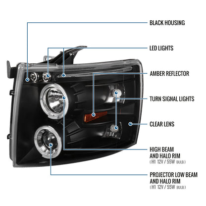 Ronnin - Fits 2007-2014 Chevy Silverado 1500 2500HD 3500HD LED Dual Rims Projector Headlights Assembly Pair | Black